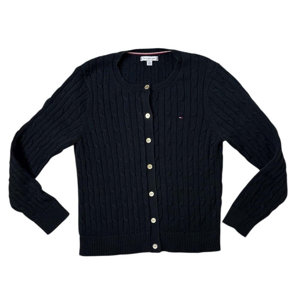Tommy Hilfiger Cardigan Womens‎ XXL Black Cable Knit Button Classic Preppy Logo